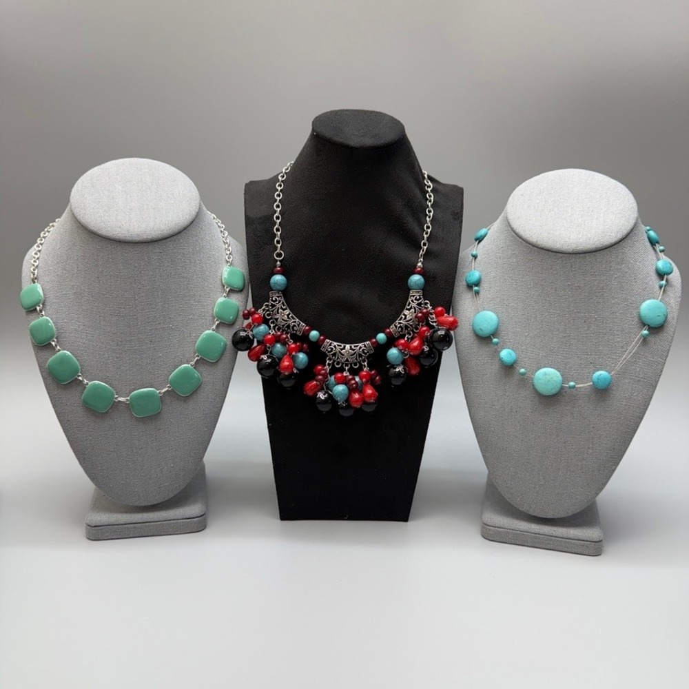 Choker Necklace Lot Silver Tone Blue Red Beads Adjustable Southwestern Boho Chic